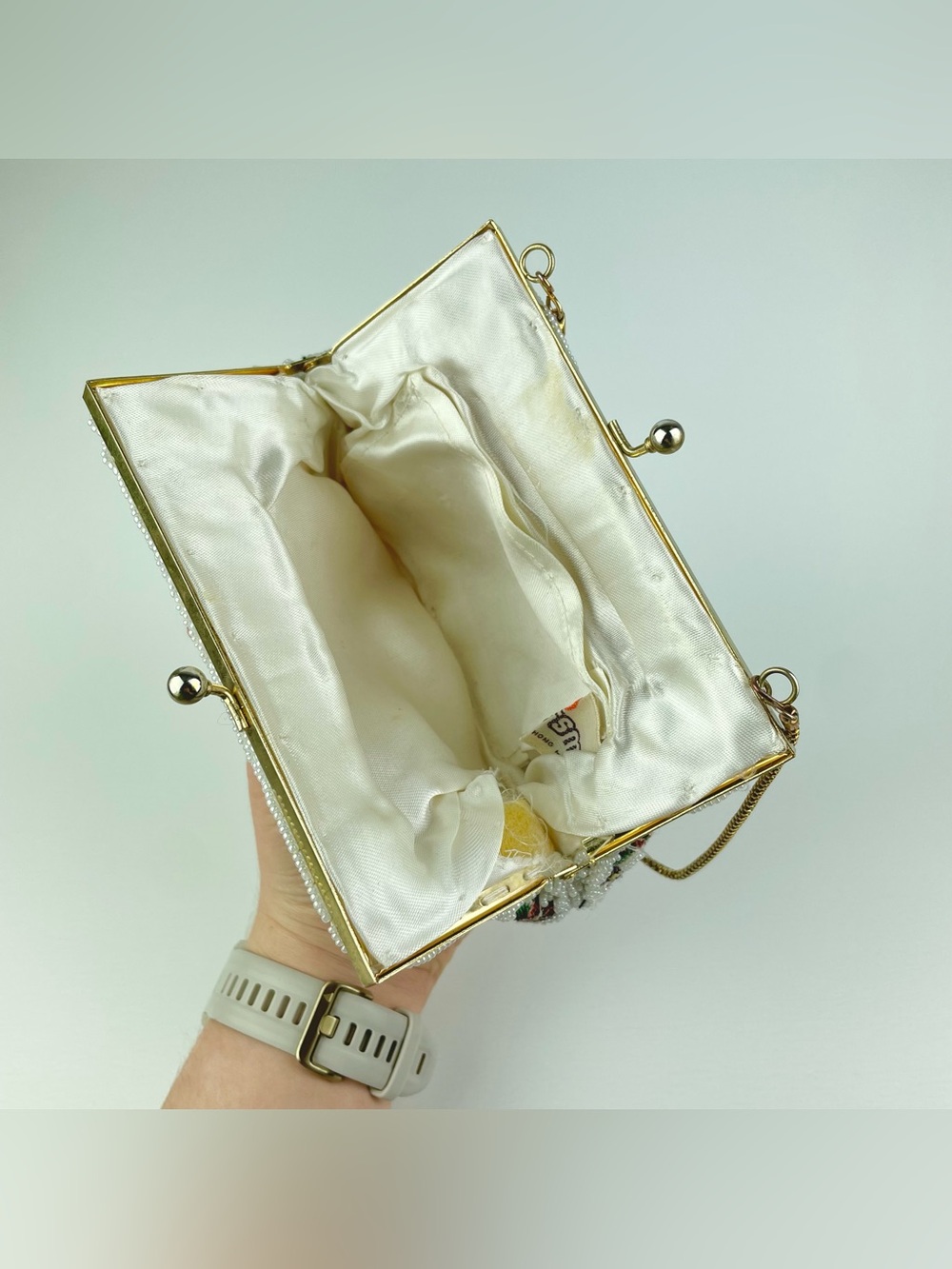 VTG Oharsma Floral Beaded Tapestry Evening Bag Gold Chain Handbag Kiss Clasp - Picture 11 of 16